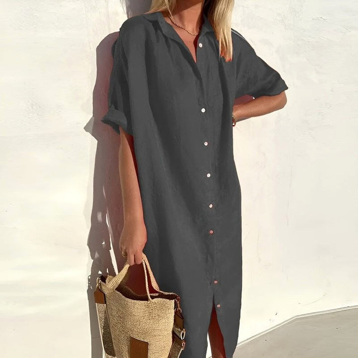 Chic women's lightweight shirt dress, an essential button-down for effortless spring and summer casual wear. Relaxed fit.