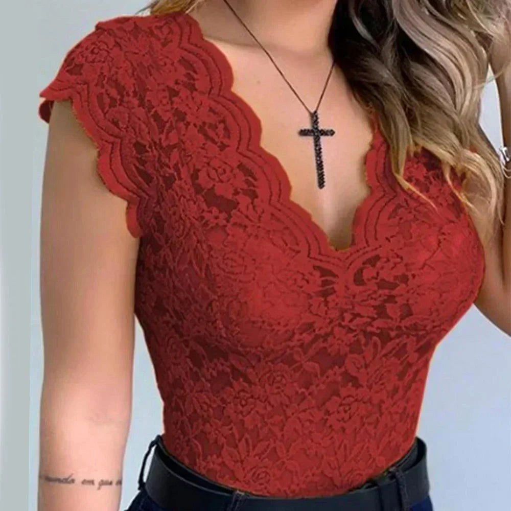 Women's V-neck fitted blouse, short sleeve, sophisticated and chic attire.