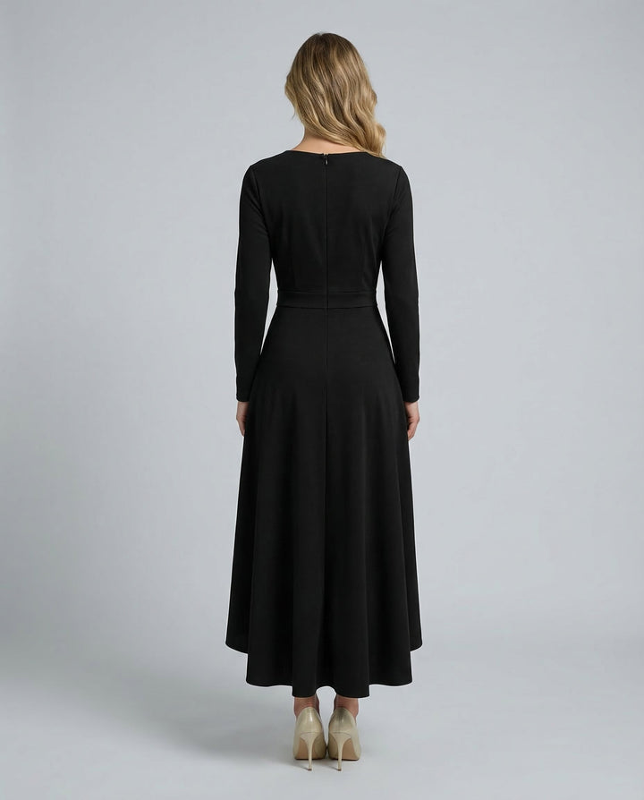 Red elegant wrap long sleeve midi dress, women's V-neck, perfect for parties & evening wear.
