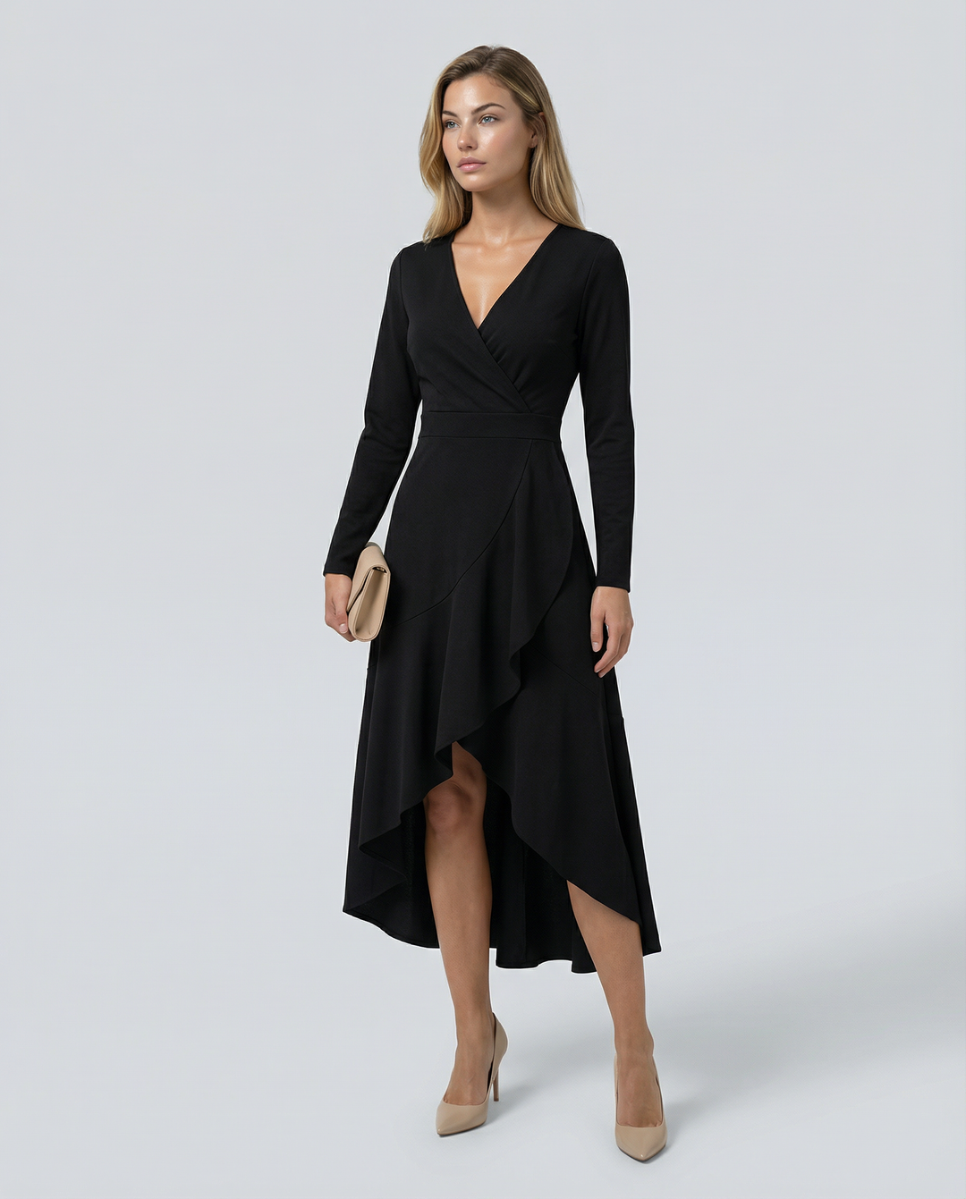 Beige V-neck wrap midi dress, women's long sleeve, elegant for special occasion parties.