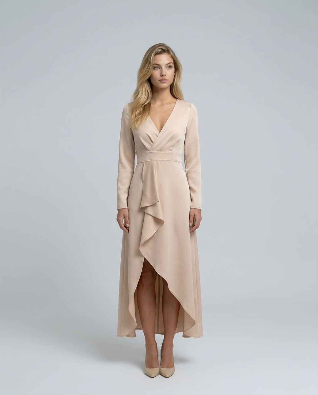 Green elegant women's wrap midi dress, long sleeve, V-neck, ideal for evening events.
