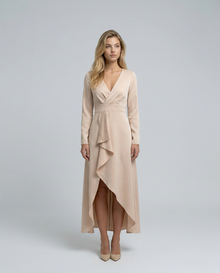 Green elegant women's wrap midi dress, long sleeve, V-neck, ideal for evening events.