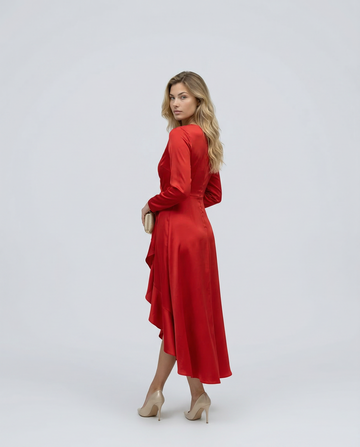 Black women's long sleeve wrap party midi dress, flattering V-neck for special occasions.