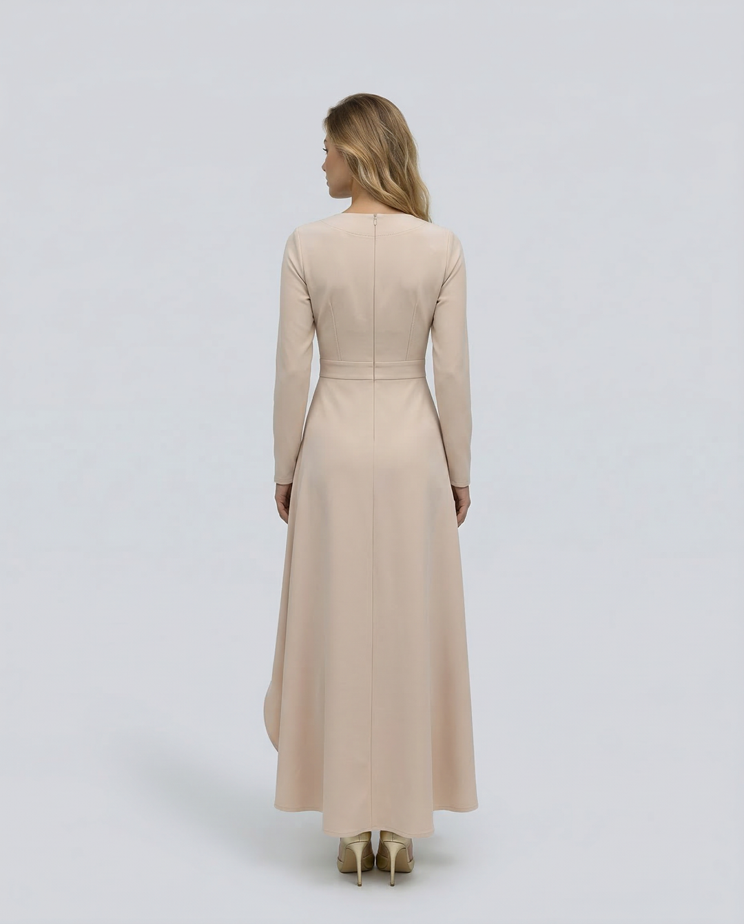 Black women's long sleeve wrap midi dress, elegant party attire, flattering V-neck.