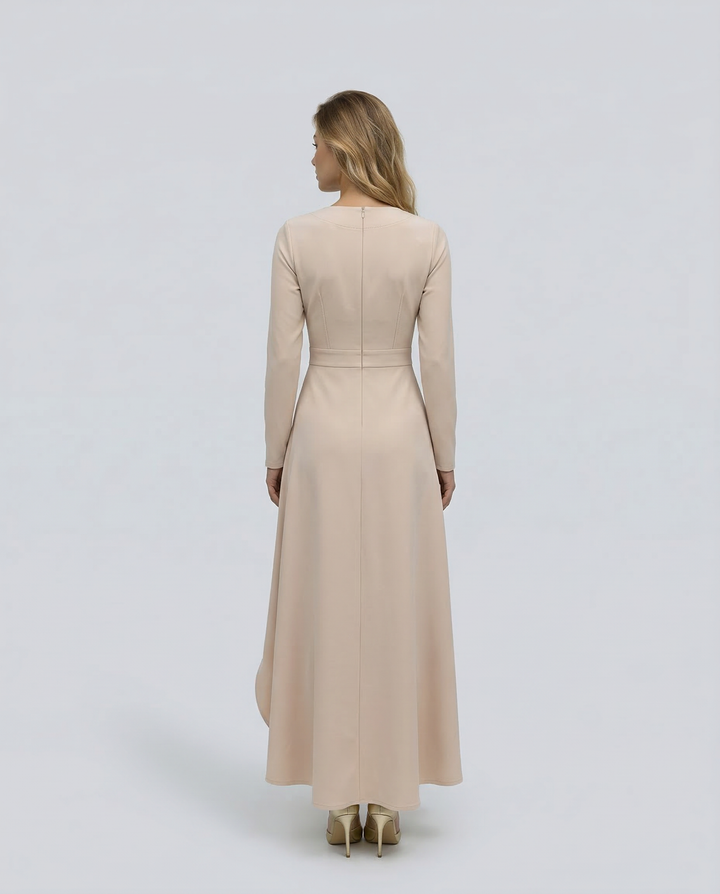 Black women's long sleeve wrap midi dress, elegant party attire, flattering V-neck.