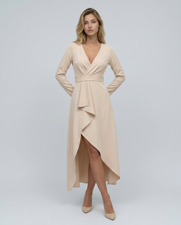 Beige elegant wrap party midi dress, long sleeve, V-neck, women's special occasion style.