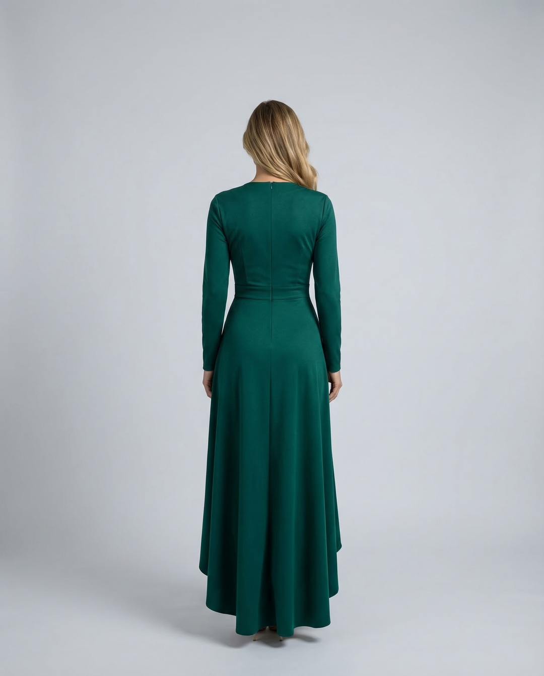 Black women's elegant long sleeve wrap midi dress, V-neck, perfect for special occasion parties.