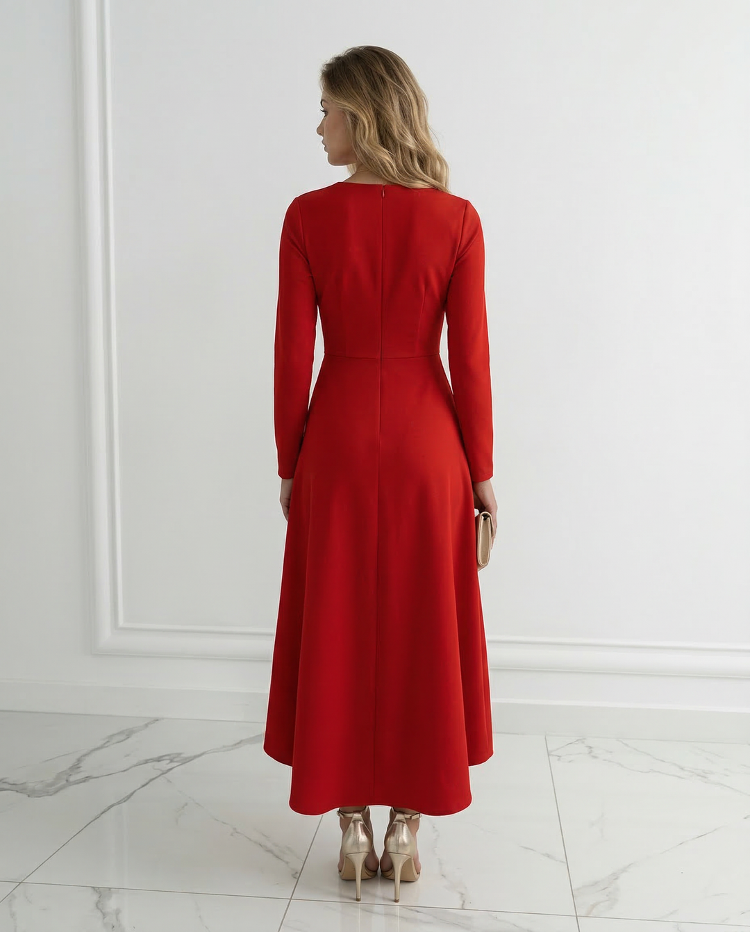 Black women's elegant wrap midi dress, long sleeve, V-neck, ideal for evening parties.