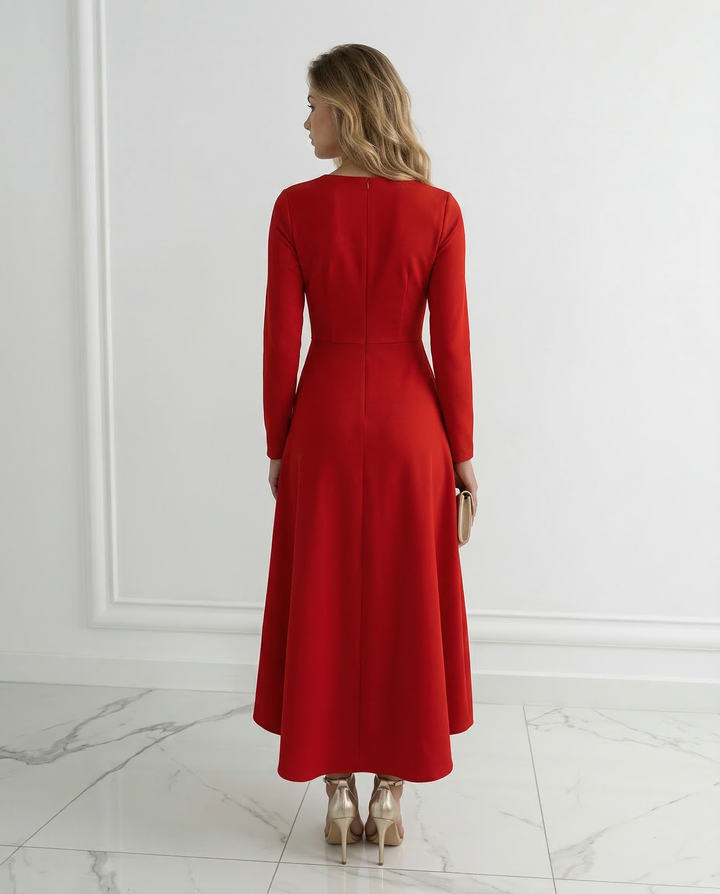 Black women's elegant wrap midi dress, long sleeve, V-neck, ideal for evening parties.