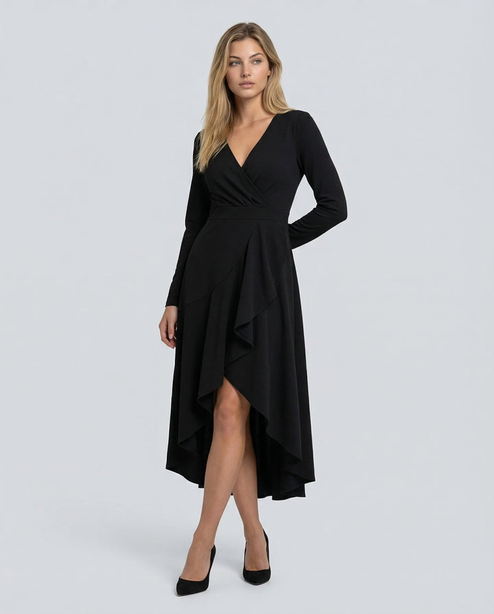 Green V-neck wrap midi dress, women's long sleeve, elegant for evening wear & parties.