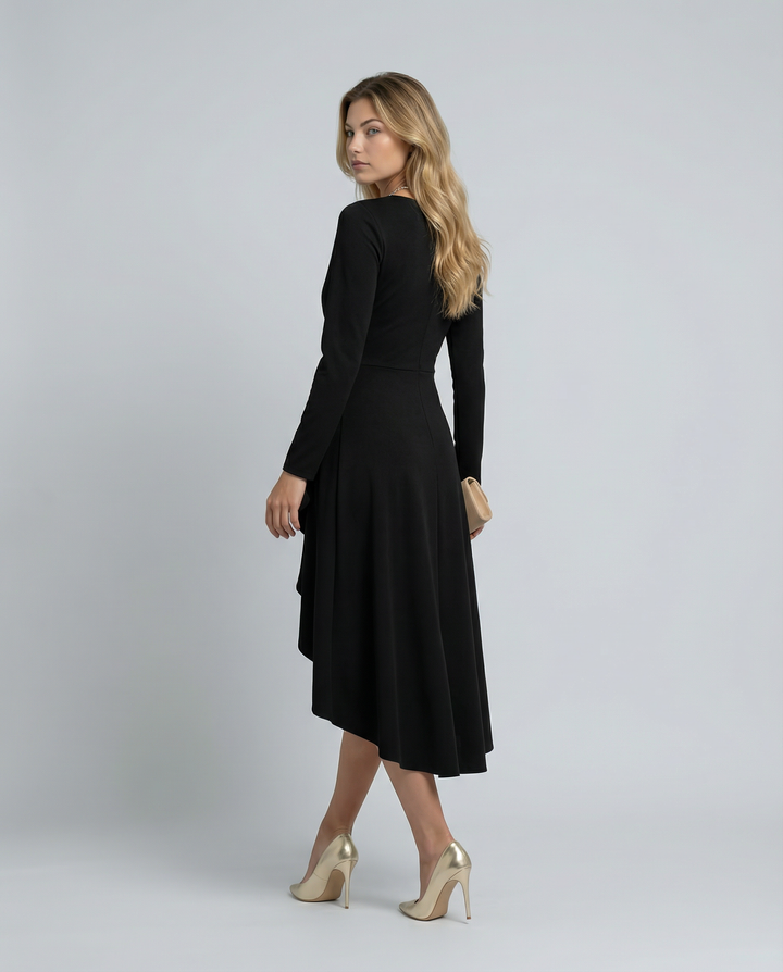 Flattering red wrap midi dress, long sleeve, V-neck, elegant women's party & evening attire.