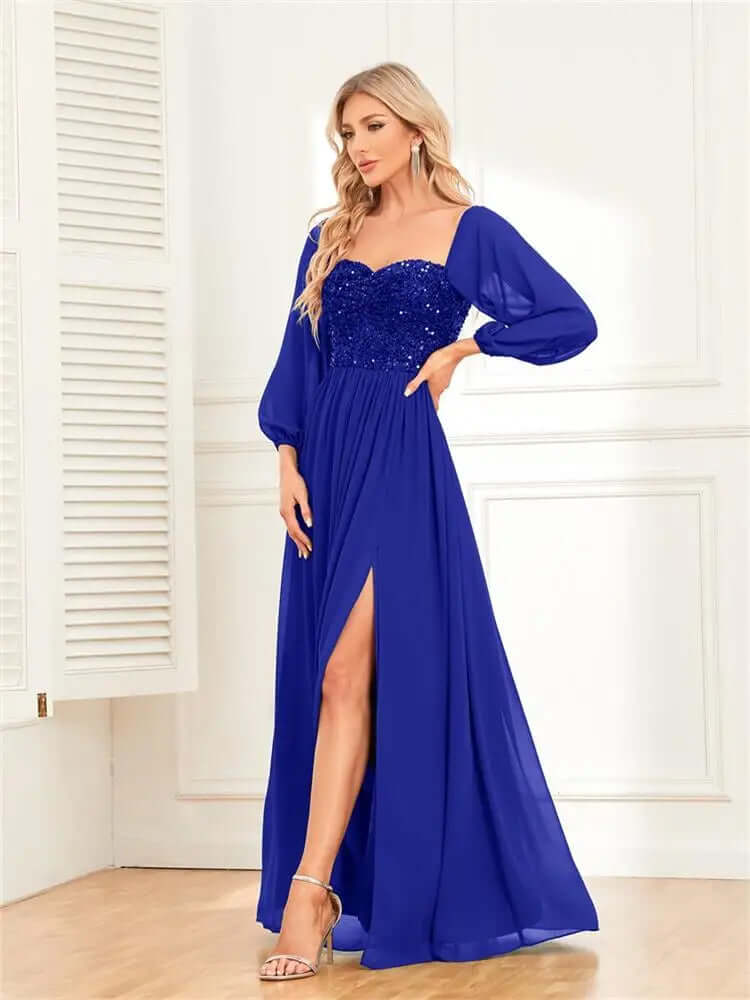 Glamorous women's shimmering blue/green off-shoulder evening gown featuring a stylish high slit.