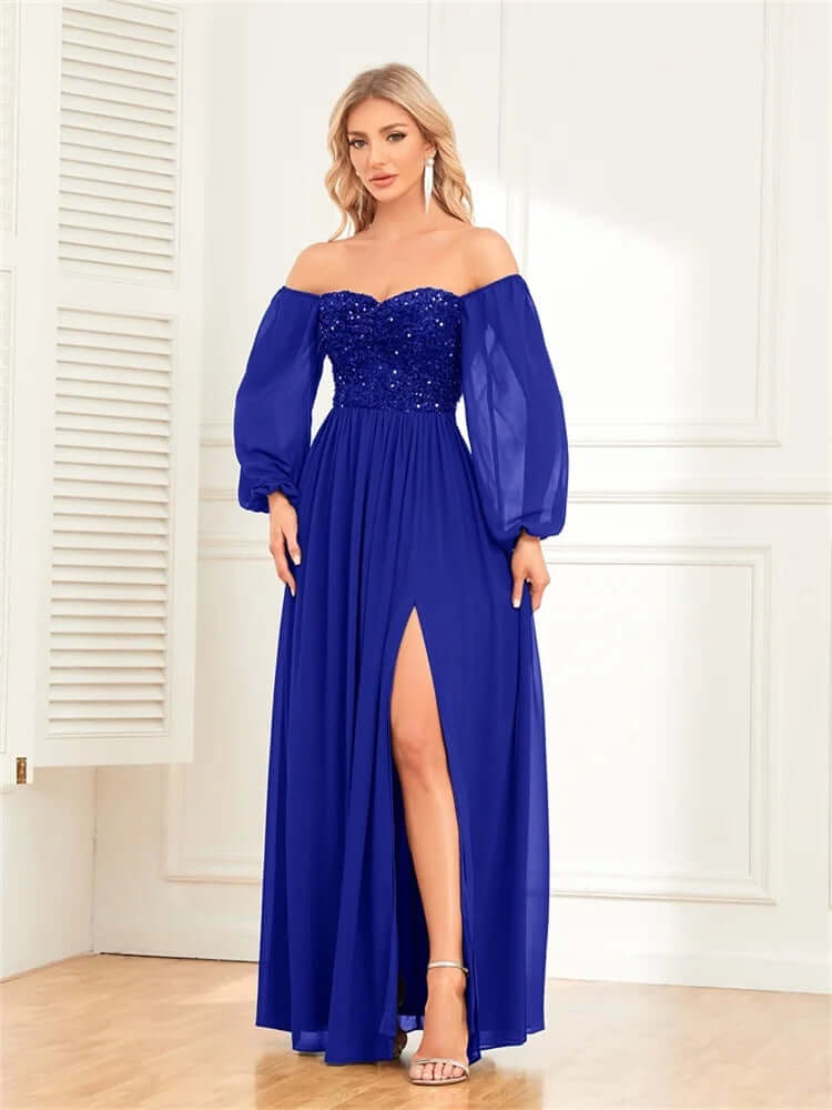 Gorgeous women's formal party dress: a shimmering off-shoulder long gown with an elegant high slit.