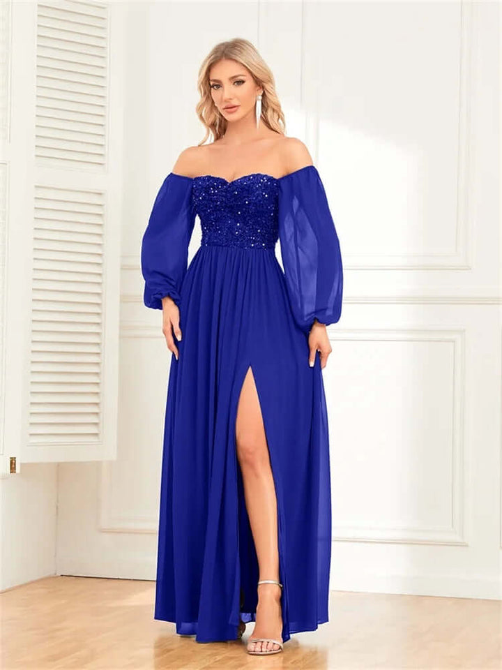 Gorgeous women's formal party dress: a shimmering off-shoulder long gown with an elegant high slit.