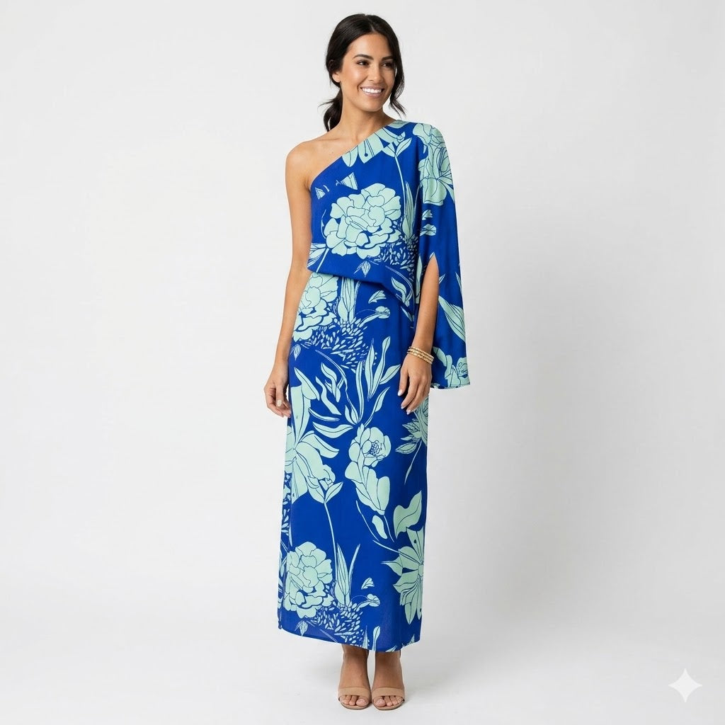 Women's relaxed floral one-shoulder maxi dress, perfect for race day or elegant garden parties. Flowy summer style.