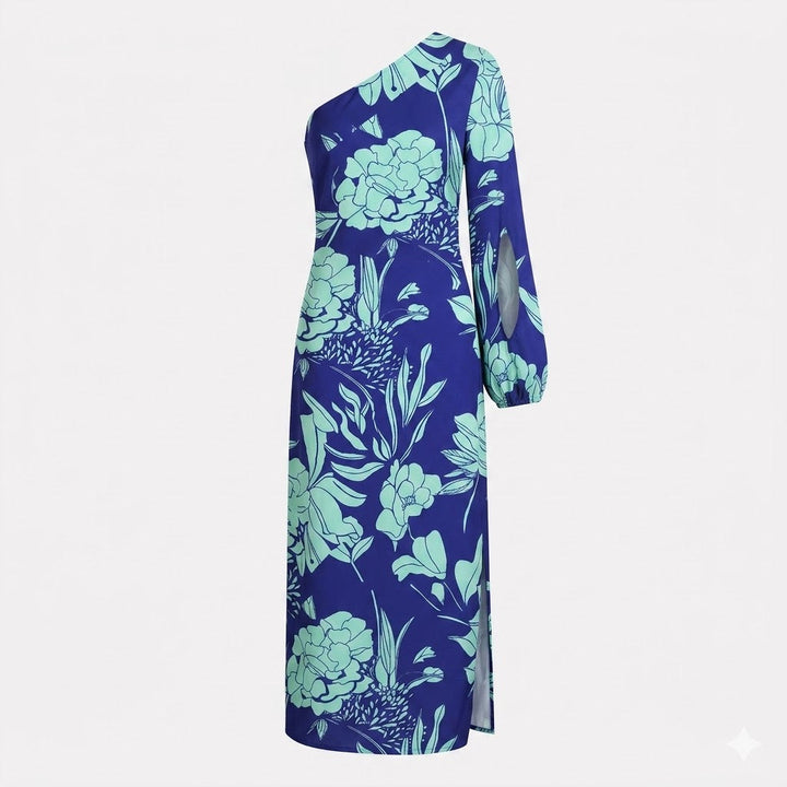 Elegant women's one-shoulder floral maxi race dress with a relaxed fit. Ideal for summer occasions and events.