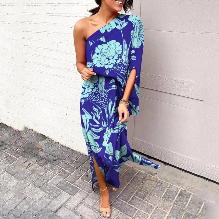 Flowy floral one-shoulder maxi dress for women, featuring a beautiful drape. Perfect for race day & garden parties.