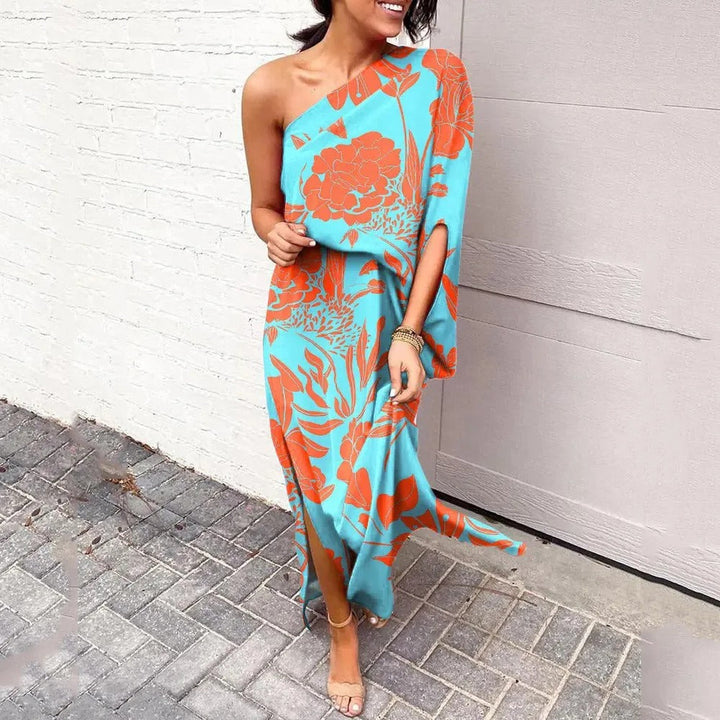 Vibrant floral one-shoulder maxi dress for women, ideal for race day events, garden parties & summer occasions.