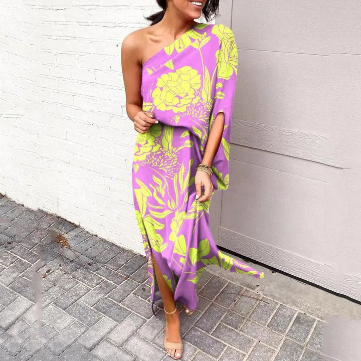 Relaxed fit one-shoulder floral maxi dress. Draped elegant women's wear, perfect for race day & summer events.