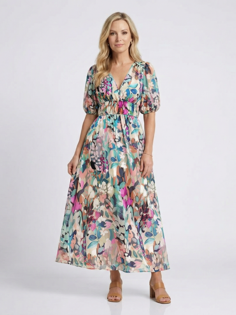 Jasmine | Women's Floral V Neck Midi Dress - Floral - Image 1