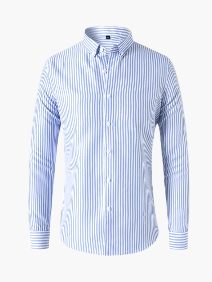 Women's classic vertical stripe shirt. Elegant long sleeve button-down blouse for office wear & everyday style.