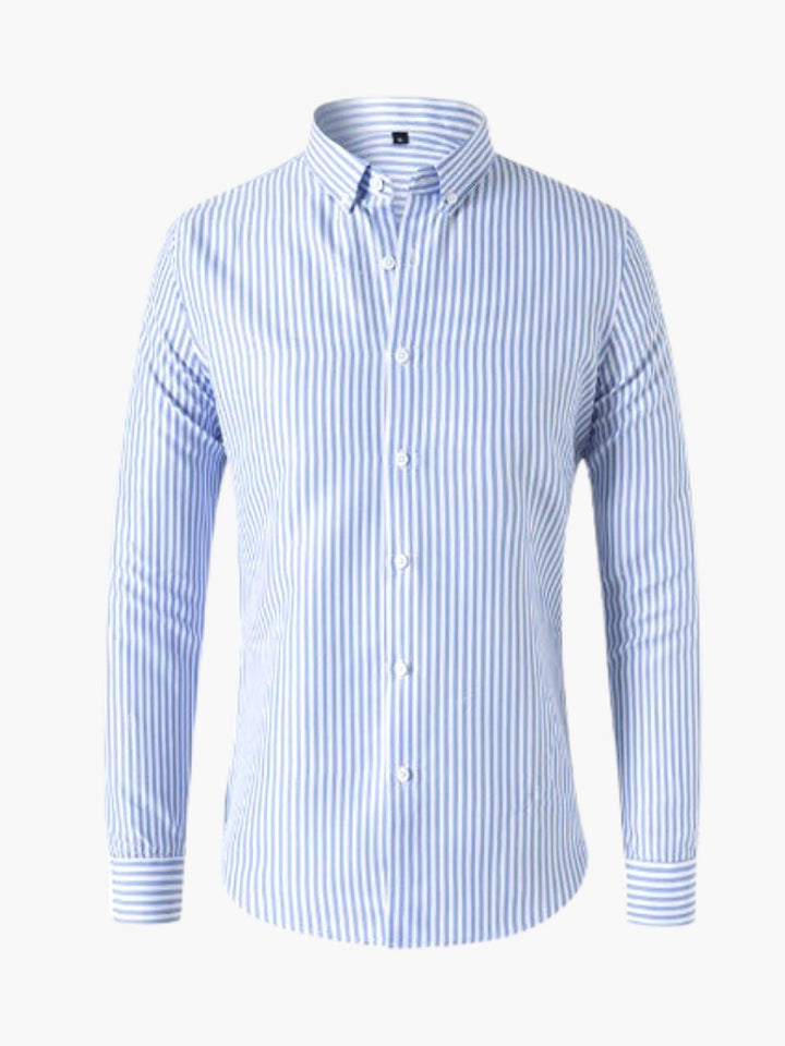 Women's classic vertical stripe shirt. Elegant long sleeve button-down blouse for office wear & everyday style.