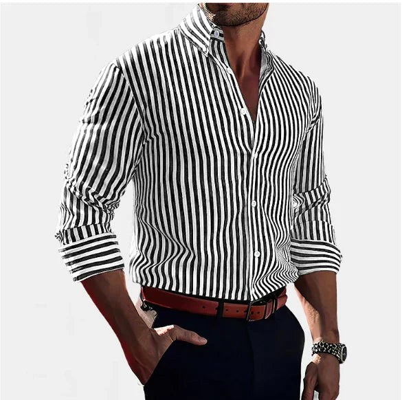 Fashionable women's vertical stripe shirt. Modern classic blouse, an elegant long sleeve top for various occasions.