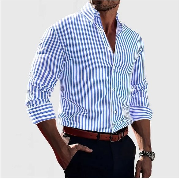 Professional women's vertical stripe blouse. Classic long sleeve button-down shirt, perfect for office and workwear.