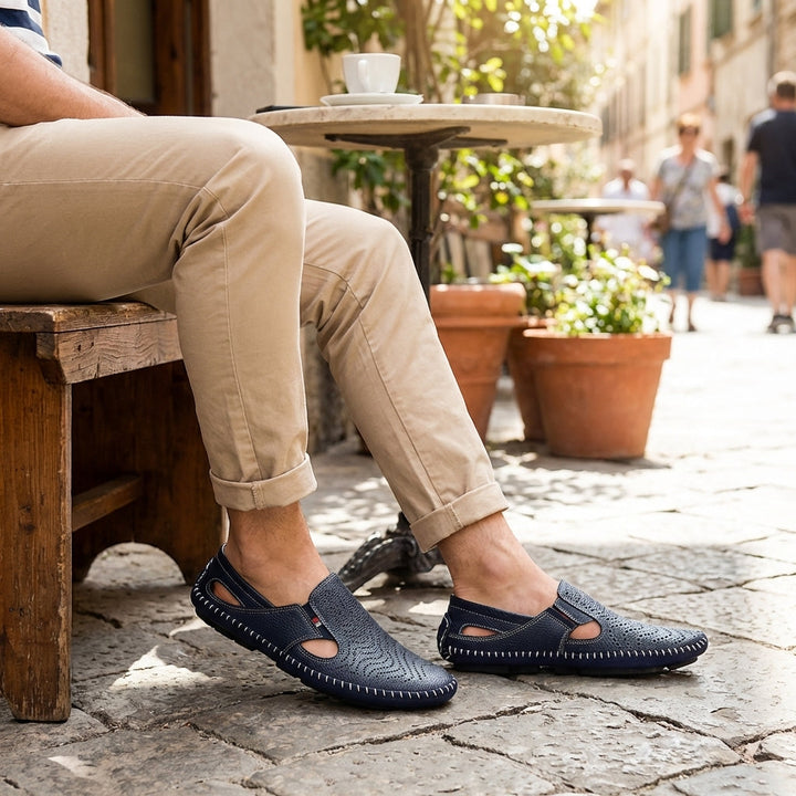 Men's Classic Perforated Slides with Woven Stitch Detail, breathable summer casual footwear.