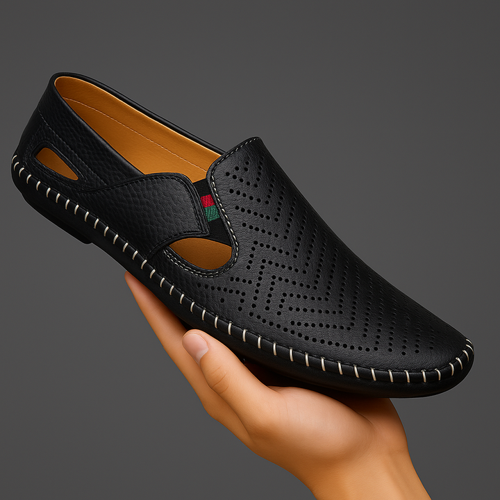 Comfortable & stylish men's perforated slides with woven detail, great for summer fashion.