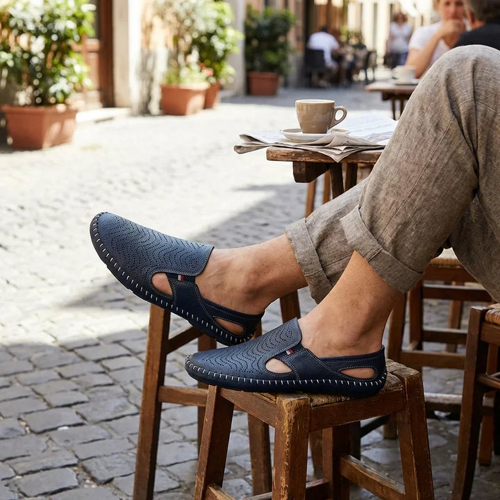 Men's vacation slides, comfortable, breathable & perforated, perfect for summer trips.