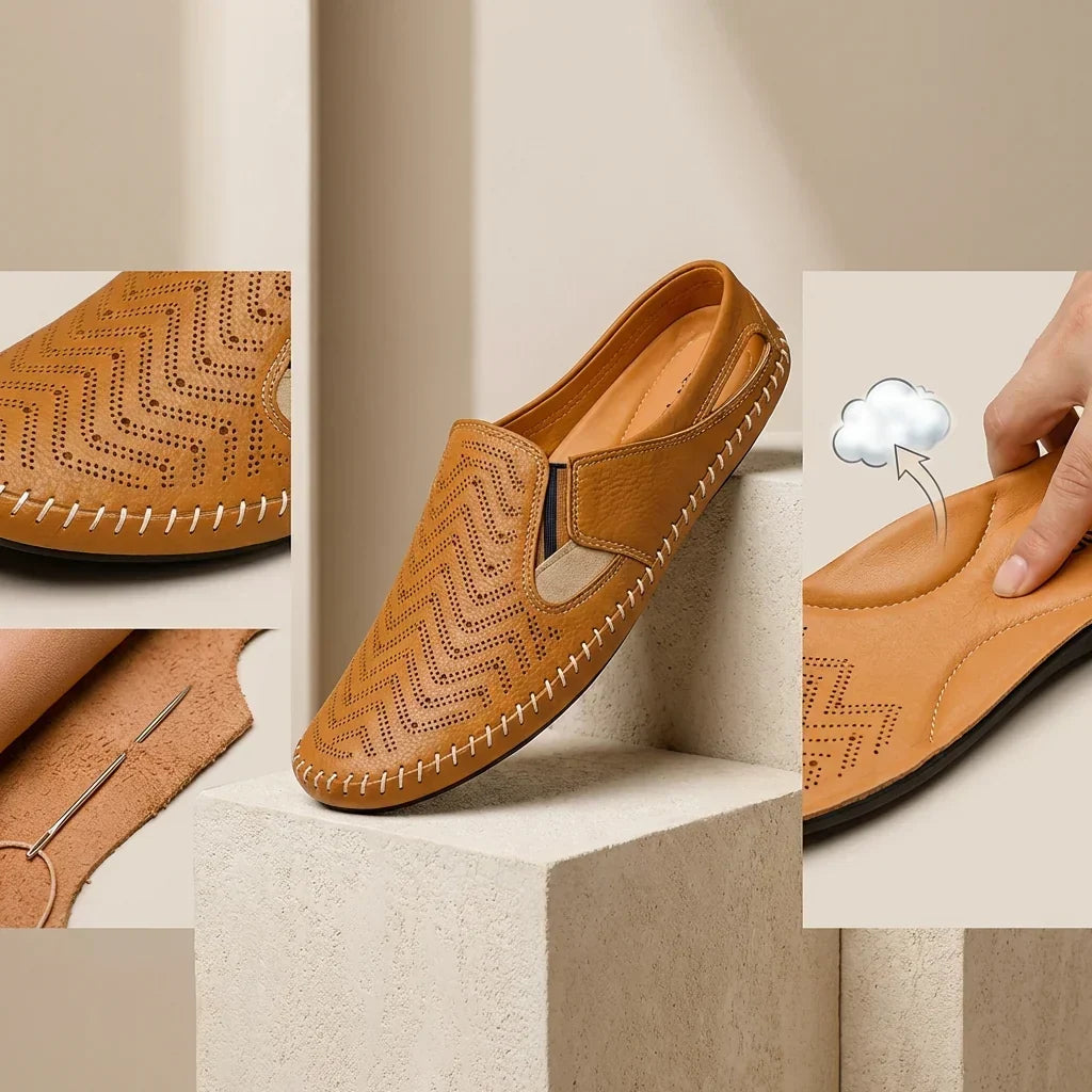 Men's slides showcasing intricate woven stitch detail and perforations for summer comfort.