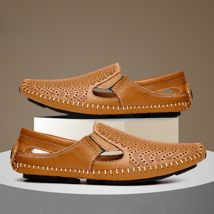 Easy slip-on men's sandals with perforated & woven design, ideal for summer beach wear.