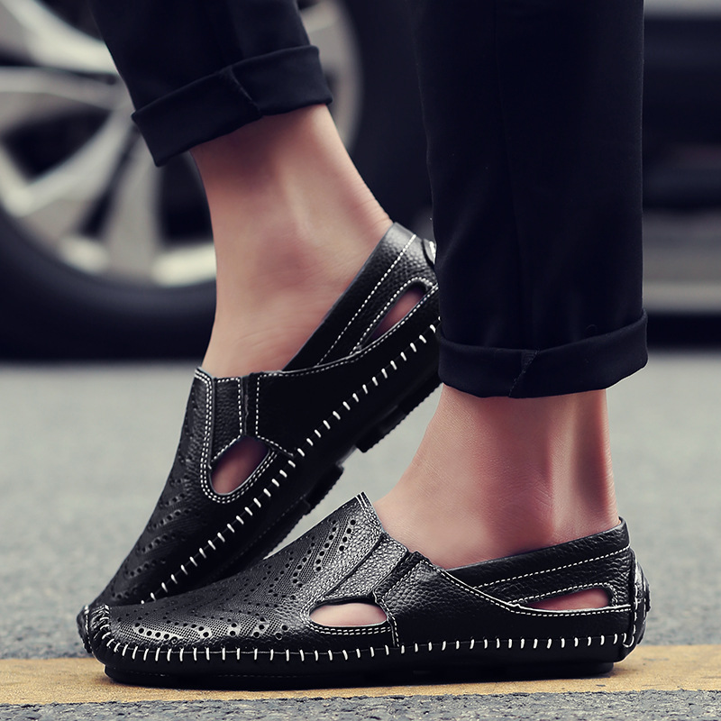 Essential men's summer slides, perforated for airflow, stylish woven accents, comfortable.