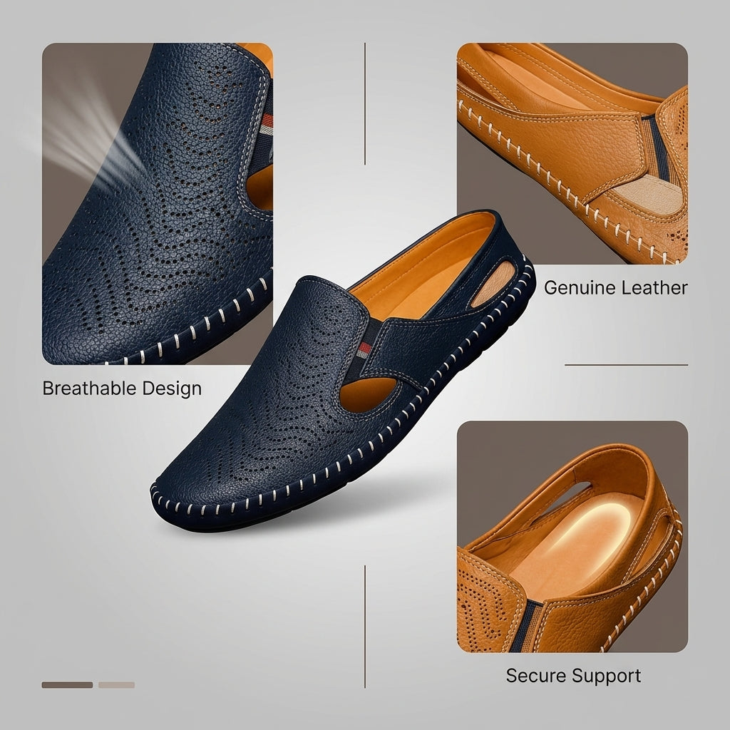 Perforated men's sandals featuring unique woven stitch detail; comfortable summer slip-ons.