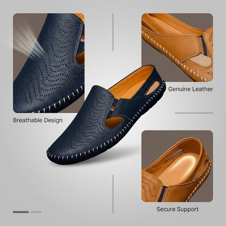 Perforated men's sandals featuring unique woven stitch detail; comfortable summer slip-ons.