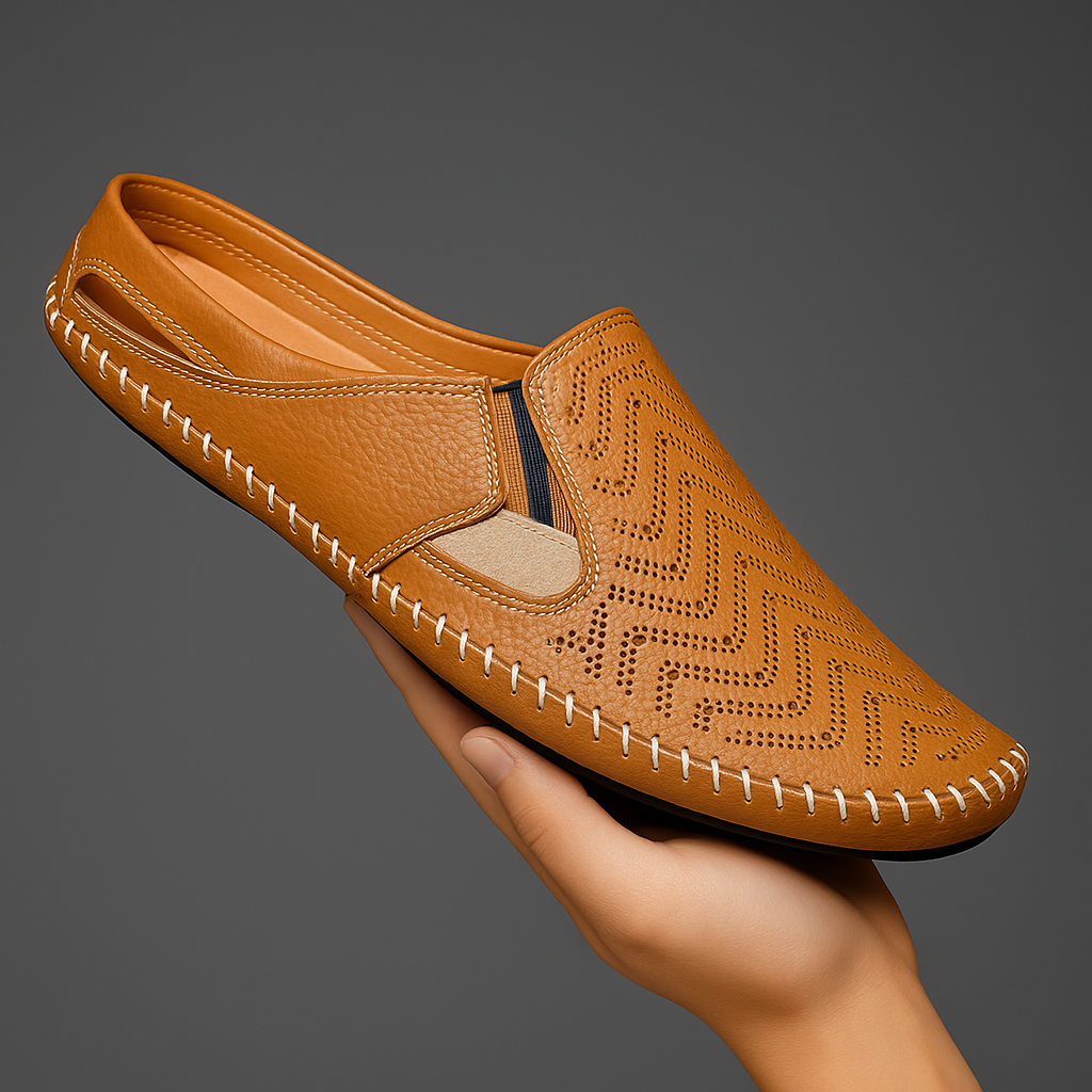 Men's summer slip-on sandals, perforated for breathability & woven detail, casual fashion.