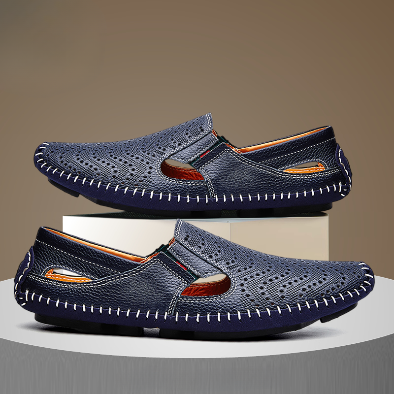 Men's fashion slides: classic style with perforated design and subtle woven elements.