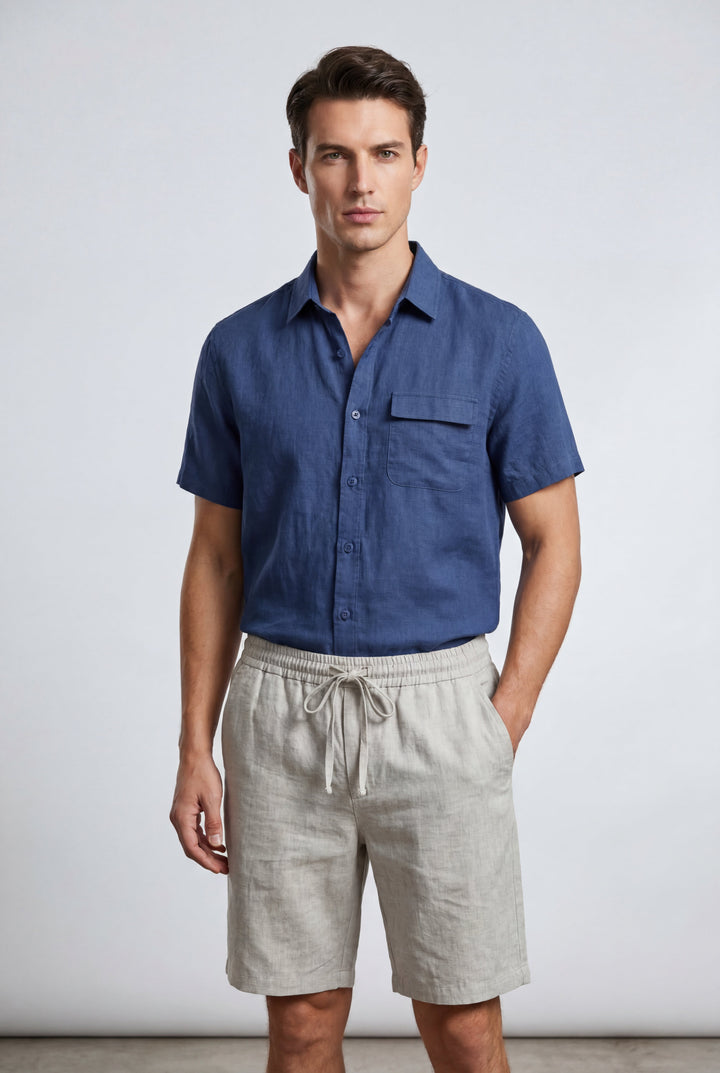 Men's relaxed fit linen drawstring shorts in natural color, perfect for summer comfort & beachwear.