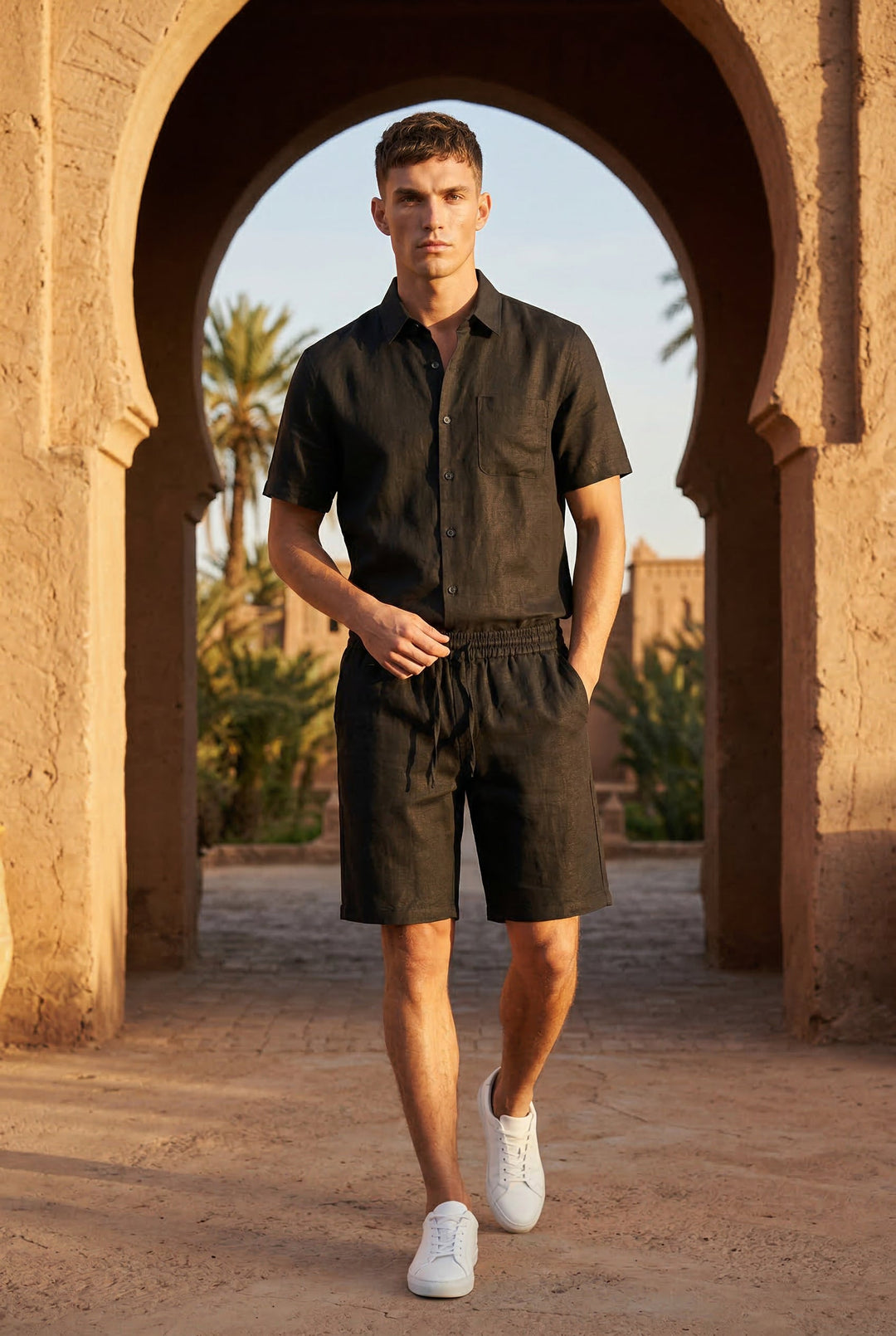 Versatile men's linen drawstring shorts, relaxed fit, with pockets, perfect for summer travel & casual.