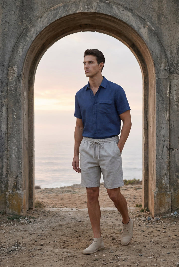 Easy wear men's above knee linen shorts, relaxed fit with drawstring, great for casual summer outfits.
