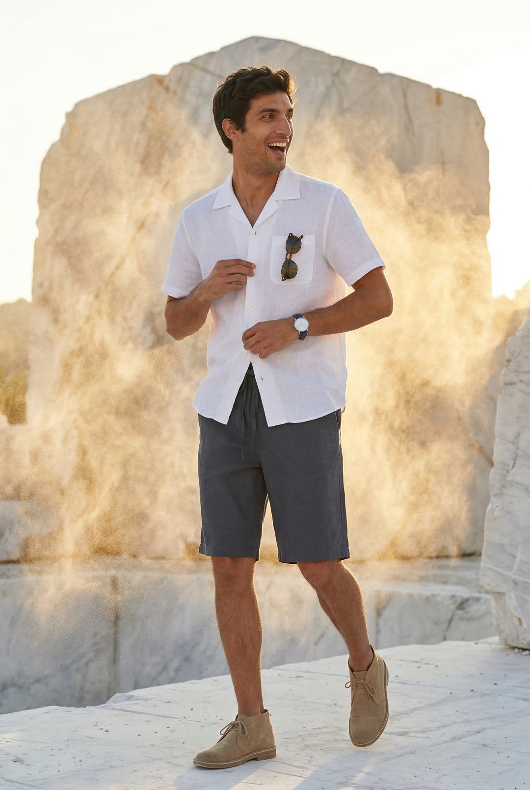 Men's natural linen drawstring shorts, relaxed fit for ultimate summer comfort & casual style.
