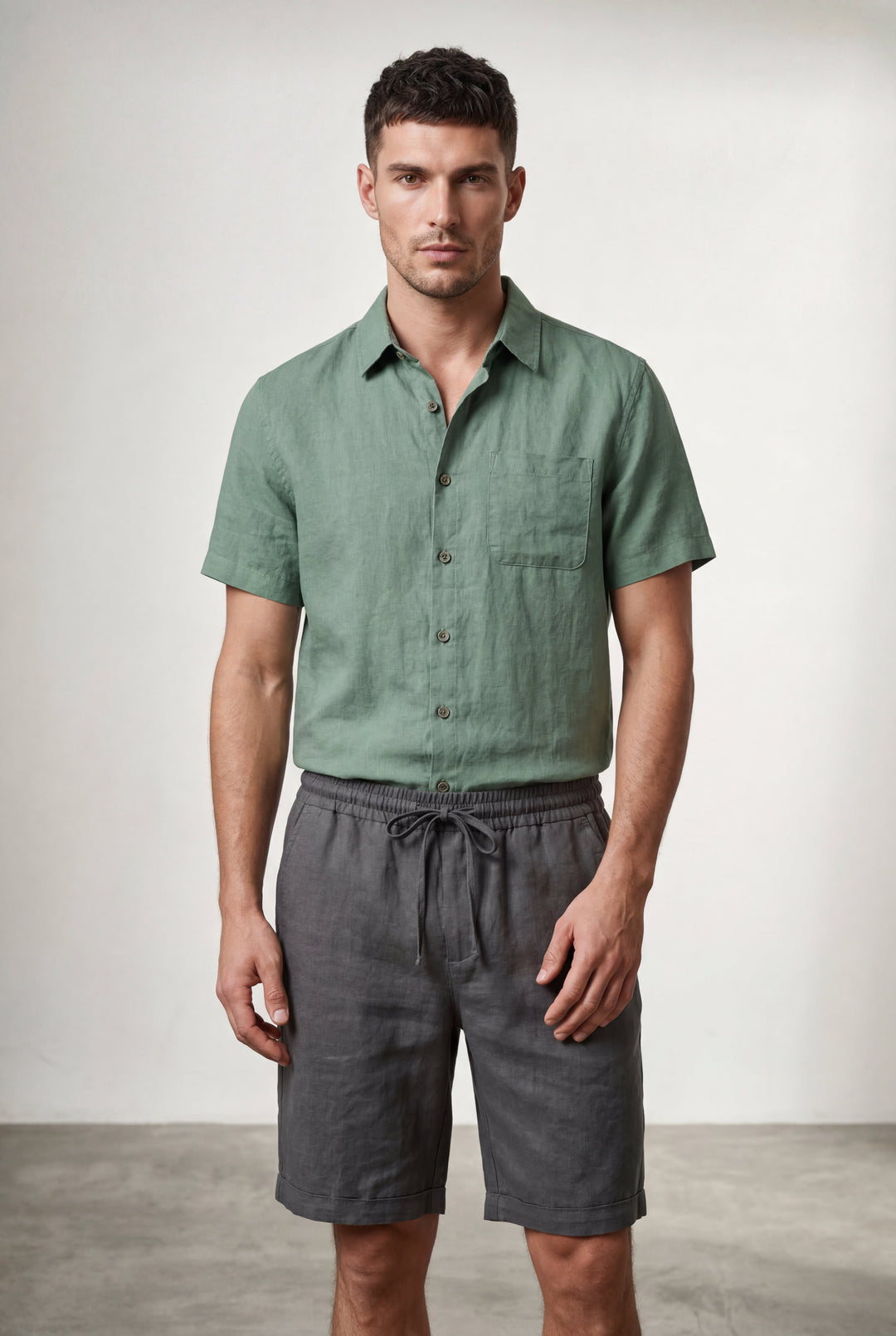 Cosy men's relaxed fit linen drawstring shorts, above knee, ideal for summer comfort and casual wear.