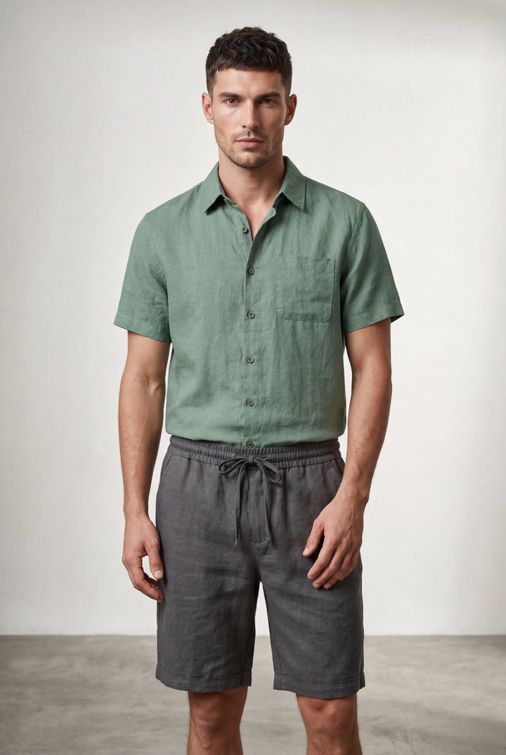 Cosy men's relaxed fit linen drawstring shorts, above knee, ideal for summer comfort and casual wear.
