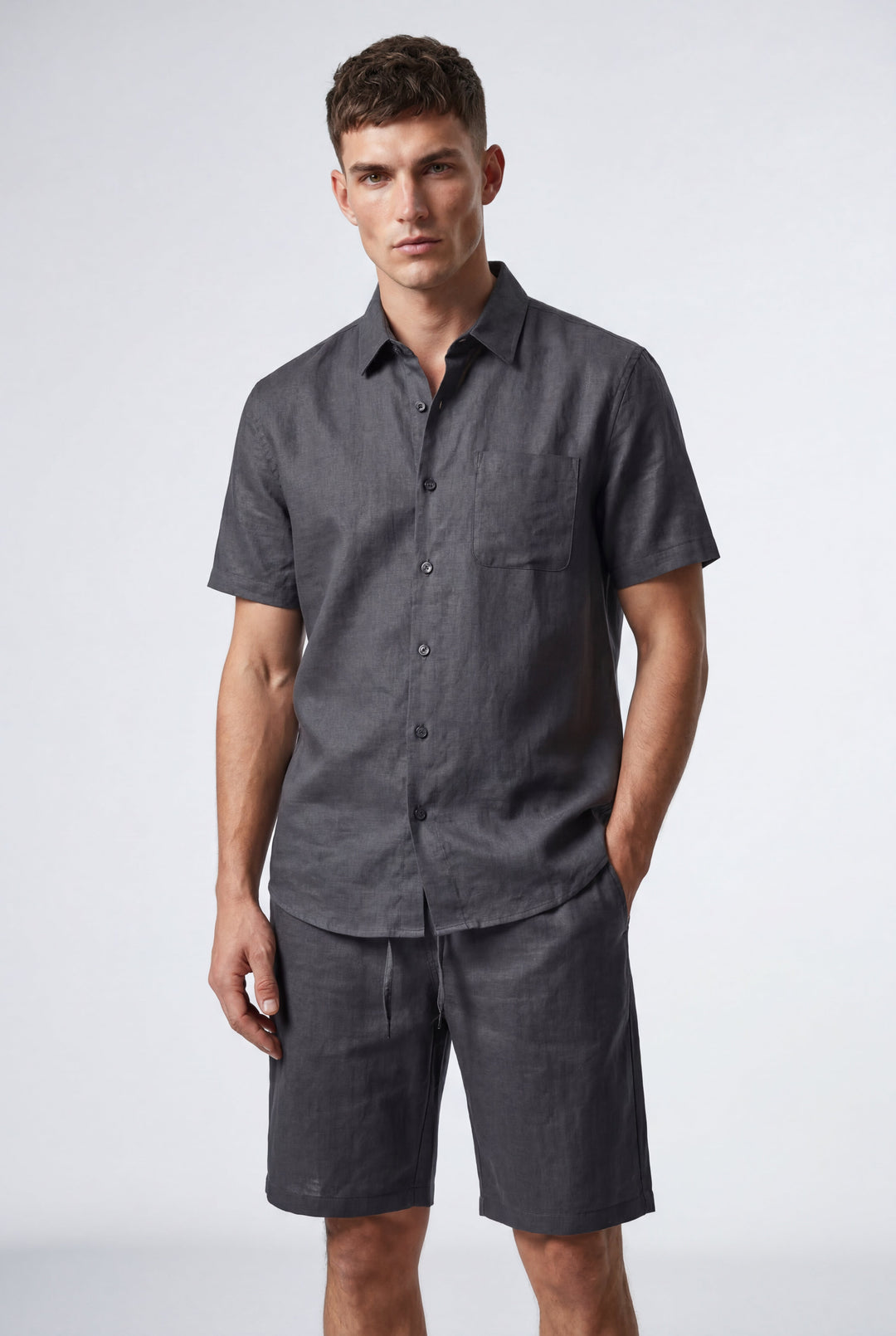 Lightweight men's linen drawstring shorts, relaxed fit, perfect for summer, beach, or vacation.