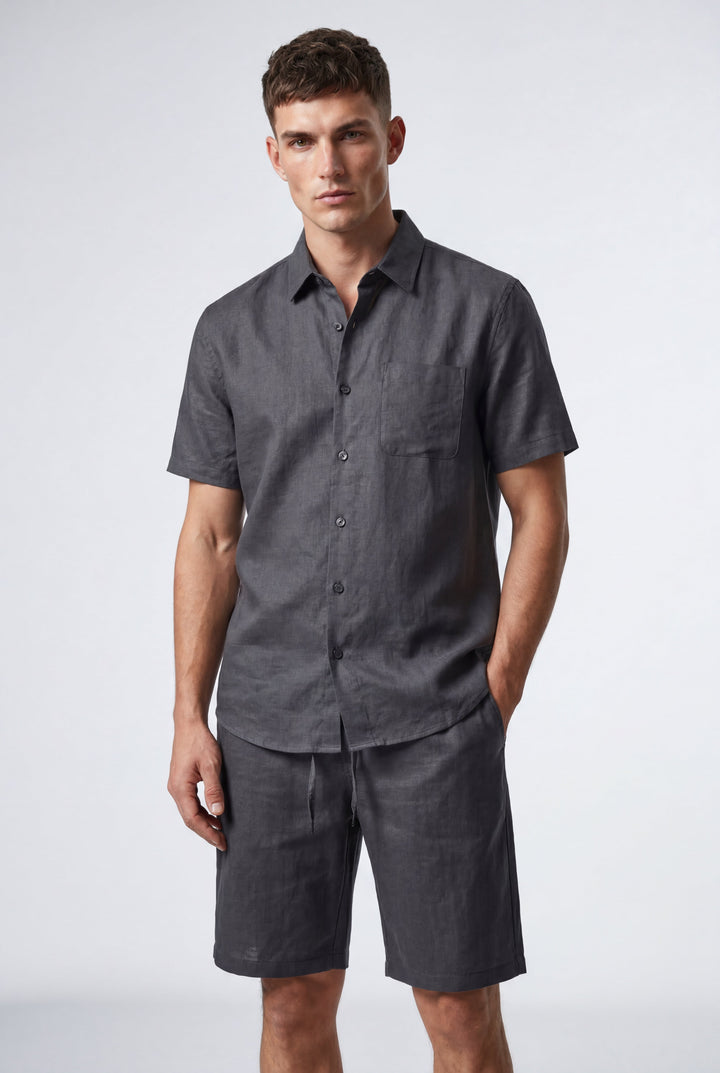 Lightweight men's linen drawstring shorts, relaxed fit, perfect for summer, beach, or vacation.