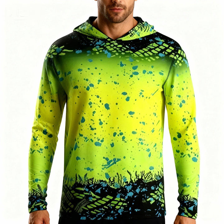 Men's green long sleeve fishing shirt hoodie with UV sun protection, ideal for outdoor activewear.