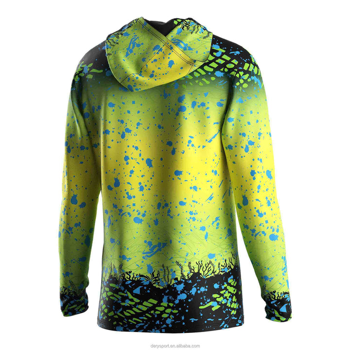 Performance men's UV protection long sleeve fishing hoodie in green splatter print, great for sun protection.