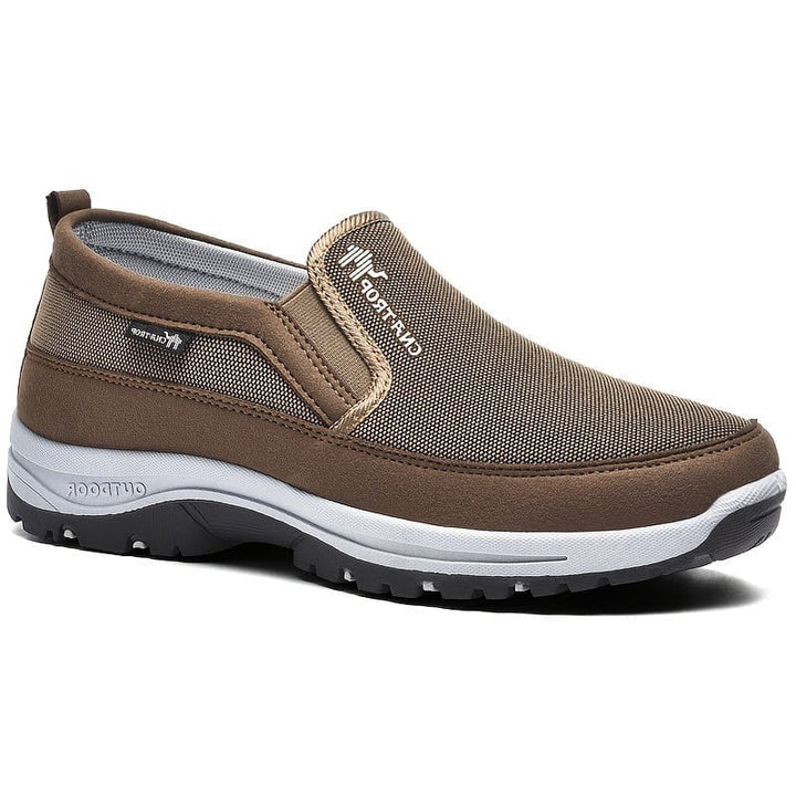 Cushioned men's orthopedic slip-on shoes offering excellent support for comfortable walking.