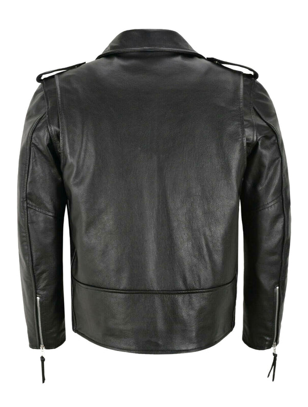 Stylish men's moto jacket, black leather, with zippered cuffs and a classic biker silhouette for outerwear.
